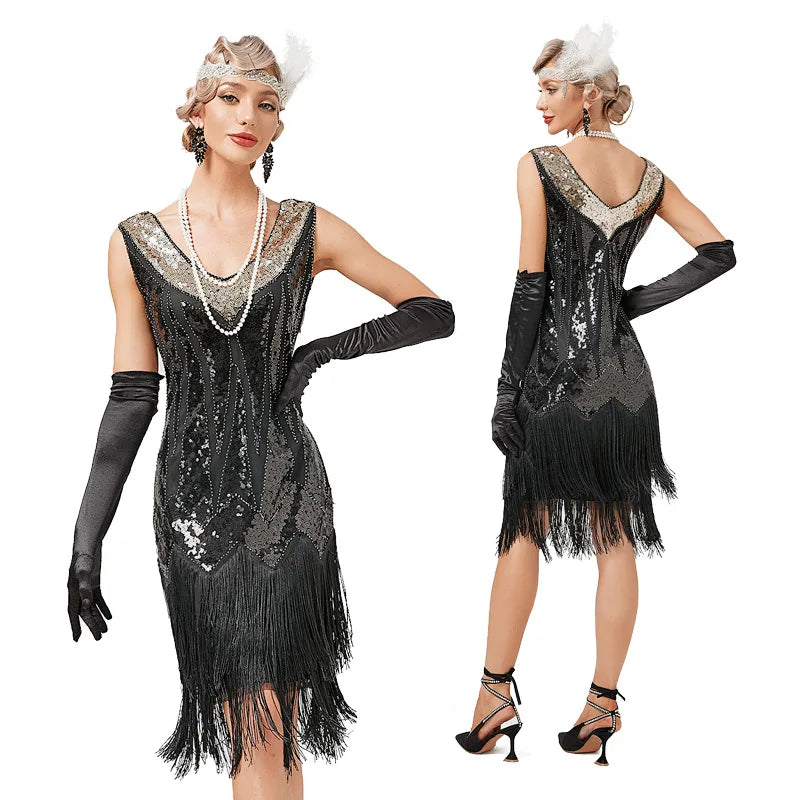 Great Gatsby Cosplay Costume 1920s Flapper  Vintage V-neck Double Tassel Dress Cocktail Party Wedding Sequin Stud Dress