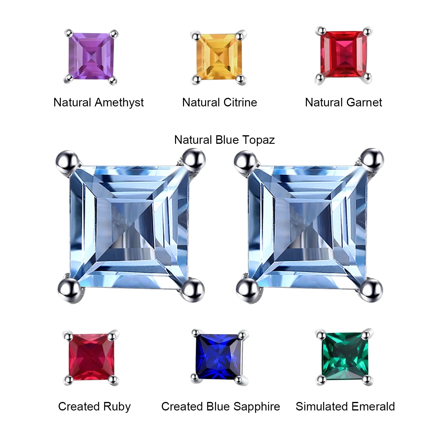 Square Genuine Blue Topaz Amethyst Citrine Garnet Created Sapphire Ruby Emerald 925 Sterling Silver Stud Earrings