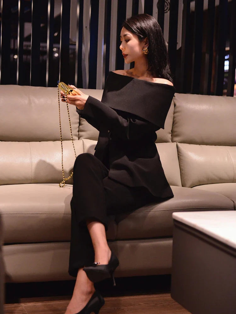 Slash Neck Chic Blazers Women Off Shoulder Long Sleeve Patchwork Single Button Solid Coat-Dollar Bargains Online Shopping Australia