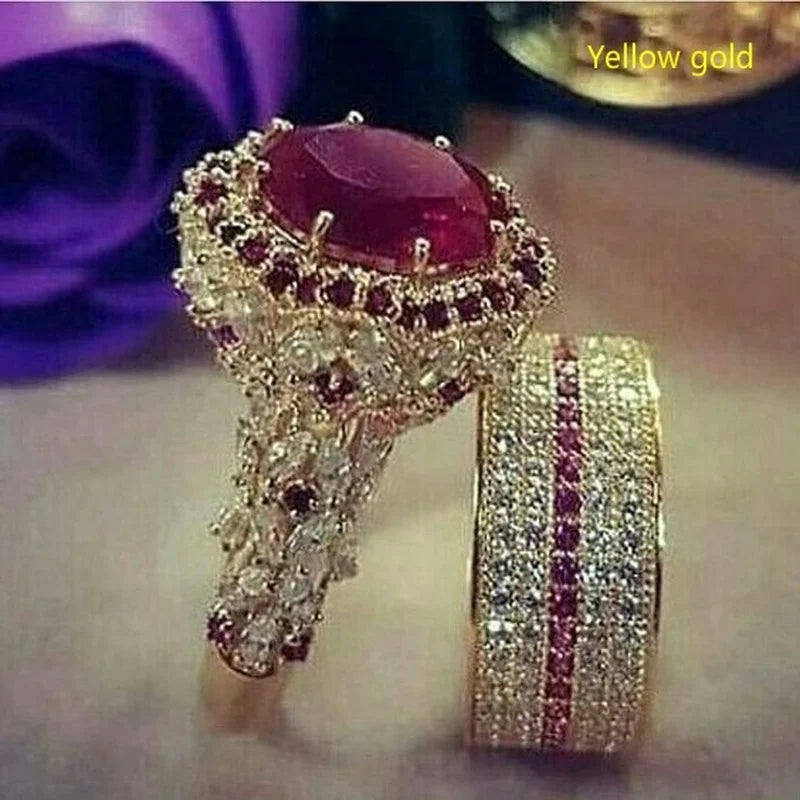 Elegant  Gold Color Hip Hop Ring for Women Fashion Inlaid Zircon Red Stones Wedding Rings Set Party Bridal Engagement Jewelry