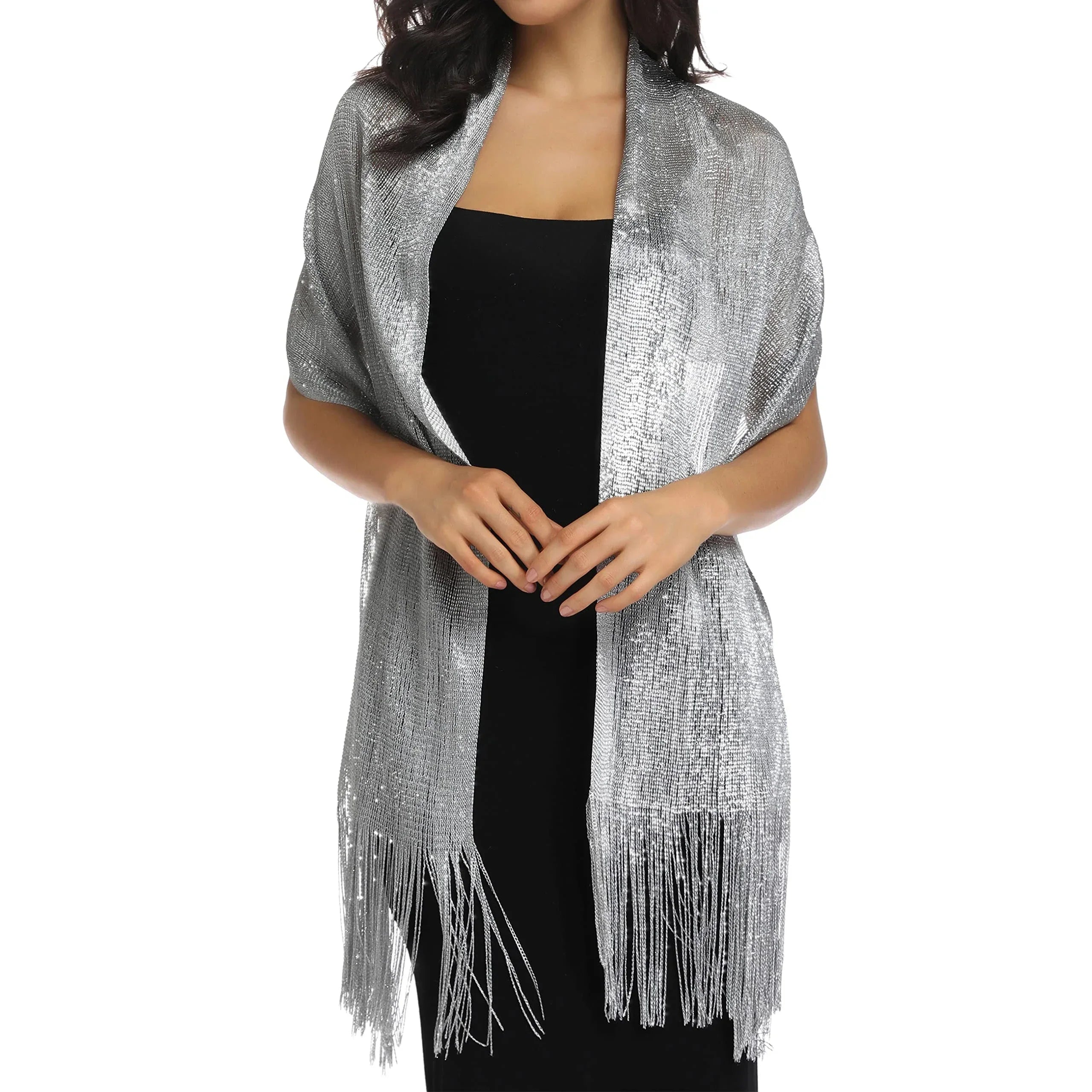 Gold Silver Silk Shawl Shirts For Women Flat Scarf Bridesmaid Ball Long Tassel Evening Party Wedding Dress Casual Tunics