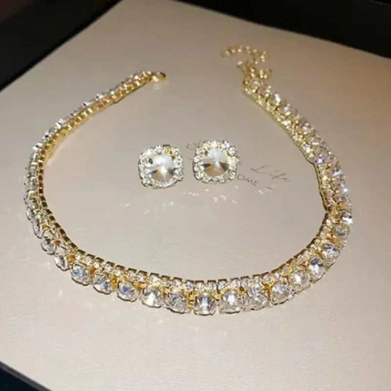 FYUAN Luxury Crystal Necklace Earrings Set Pink ABcolourful Necklace for Women Weddings Party Jewelry Sets Accessories-Dollar Bargains Online Shopping Australia