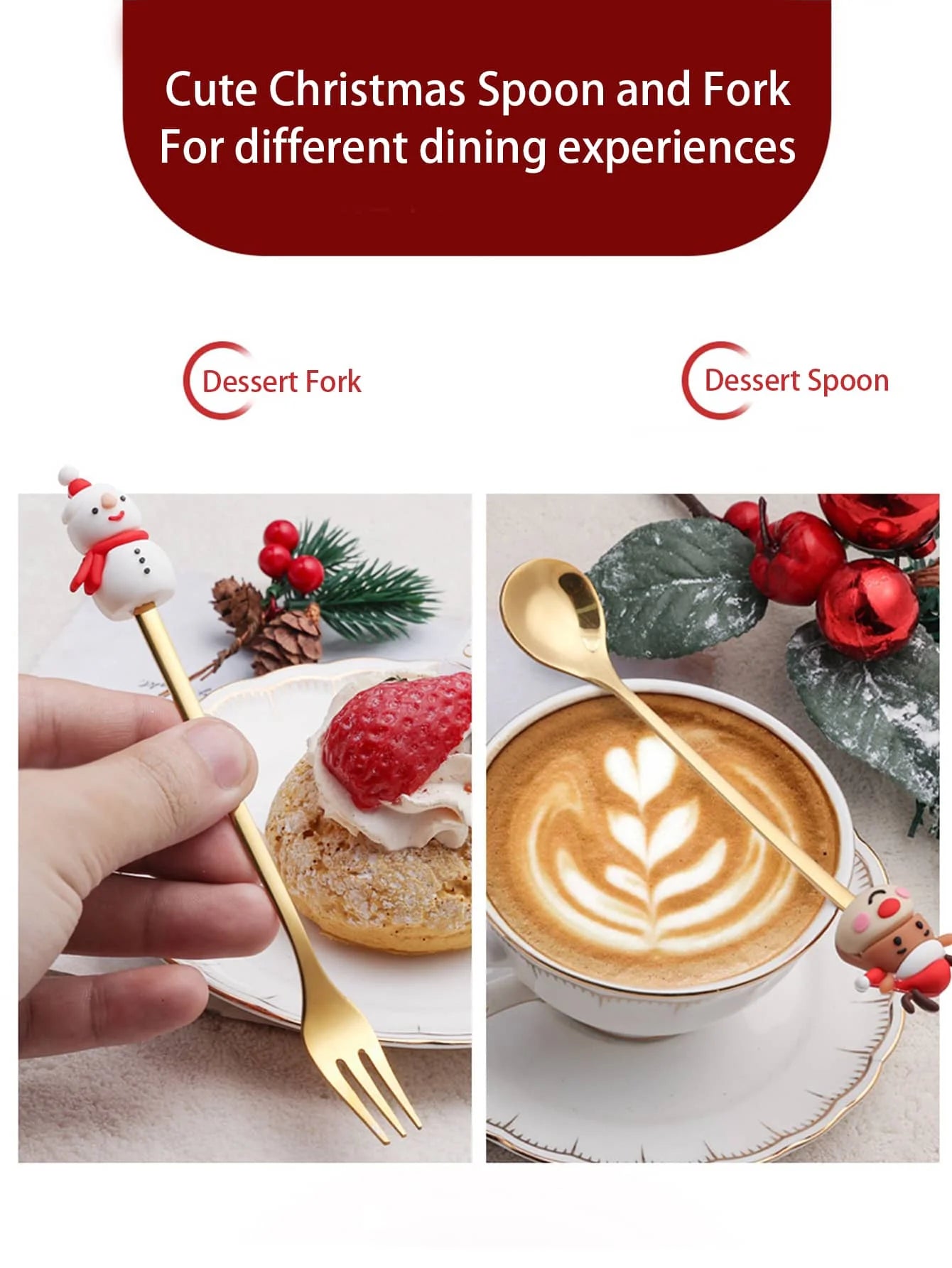 Christmas Coffee Spoons Forks Set (4/6Pcs), Stainless Steel Spoon Forks Christmas Gifts for Kids(Red/Green Gift Box Set)