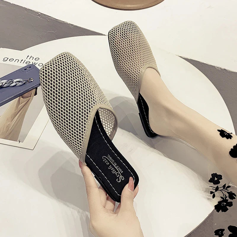 Women Slippers Sexy Mesh Mules Indoor Home Slides Square Toe Female Flats Shoes Outdoor Clogs Beach Sandals-Dollar Bargains Online Shopping Australia