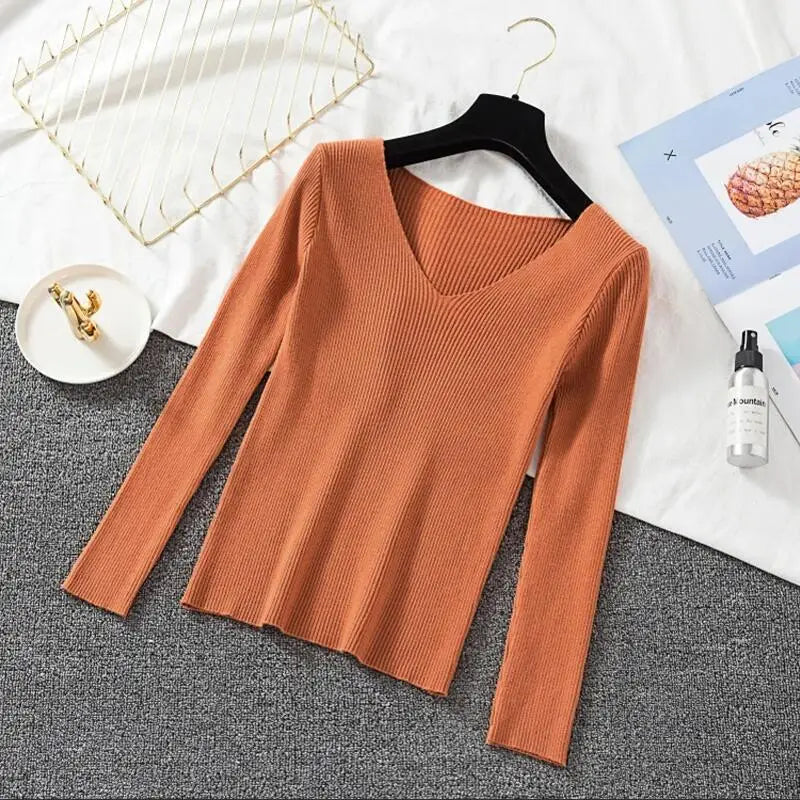 Women Sweater Long Sleeve Pullover Basic Top Fashion V-neck Elastic Female Winter Solid Knitted Jumper-Dollar Bargains Online Shopping Australia