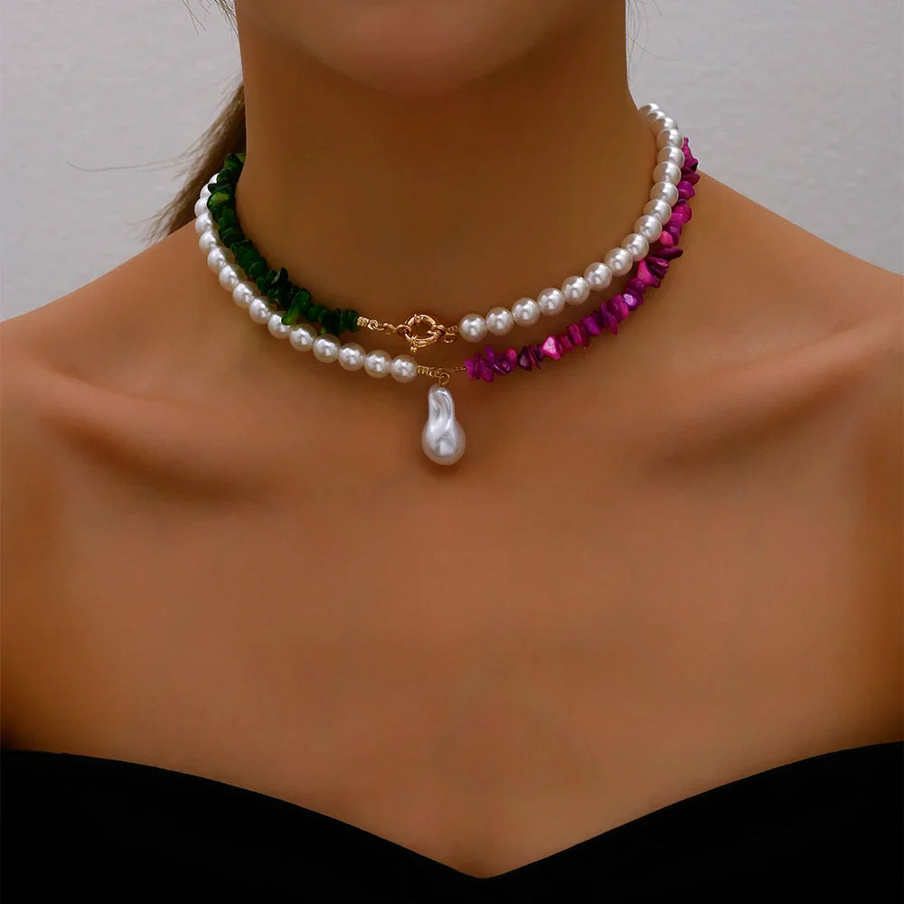 Elegant Jewelry Wedding Big Pearl Necklace For Women Fashion Imitation Pearl Green Rose Color Stone Choker Necklace-Dollar Bargains Online Shopping Australia