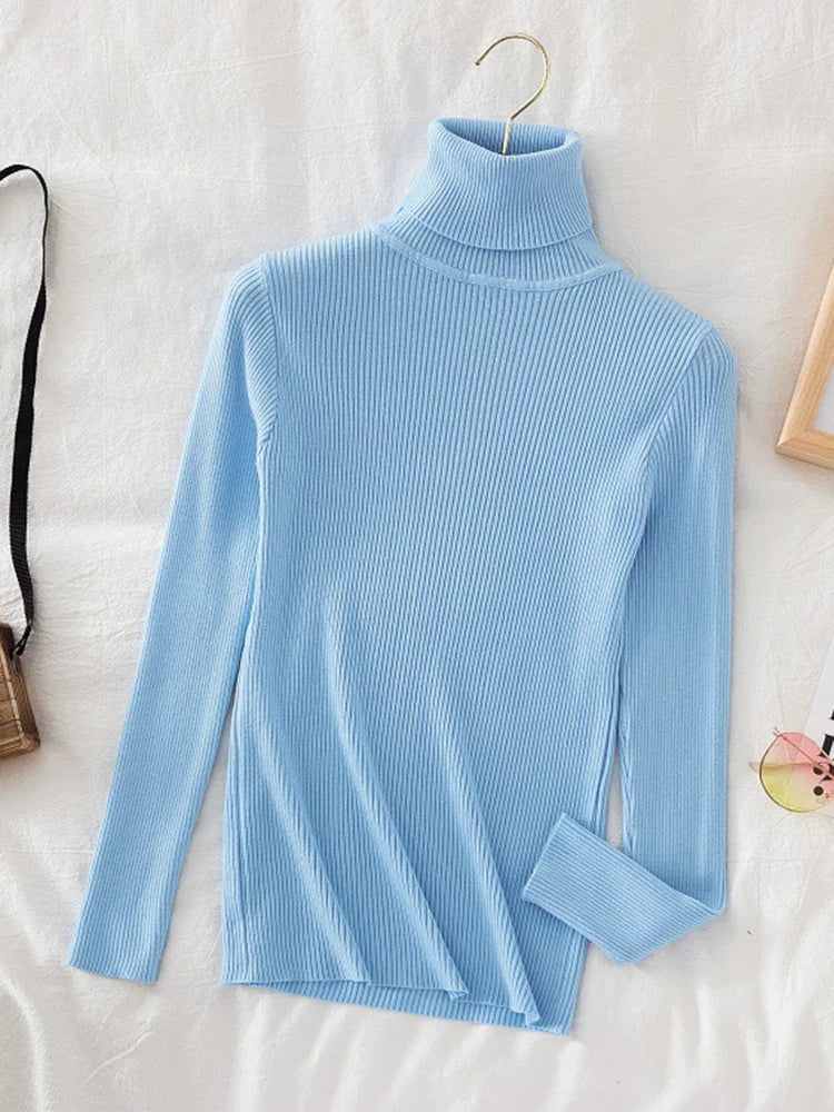 Korean Fashion Turtleneck Women Autumn Winter Pullover Sweater Basic Solid Casual Slim Stretch Ribbed Knitted Top Woman Sweaters-Dollar Bargains Online Shopping Australia