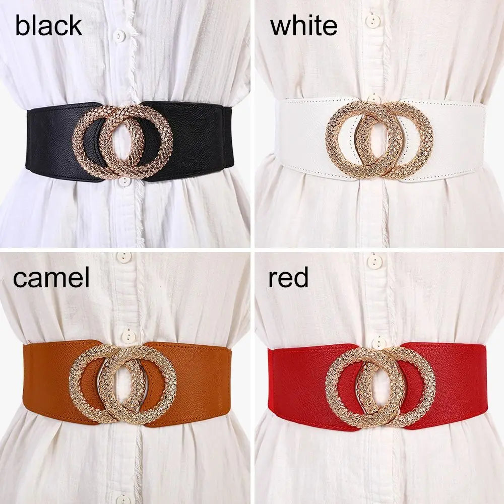 Wide Belts Decorated Elastic Leather Waistband Gold Buckle Dress Sweater Waist Belt for Woman