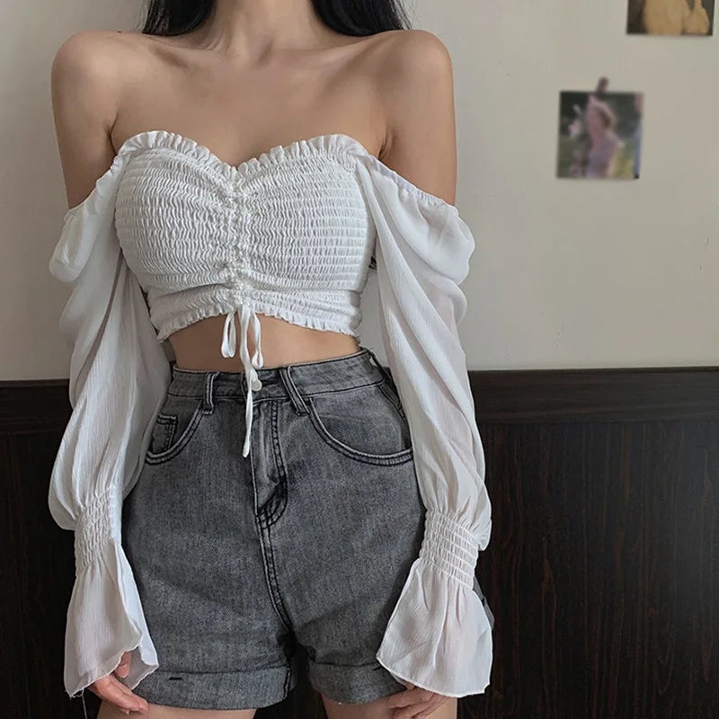 Womens Fashion Square Collar Sexy Sweet Pleated Soild Navel Exposed Chiffon Long Sleeves Shirt Blouses Spring Autumn-Dollar Bargains Online Shopping Australia