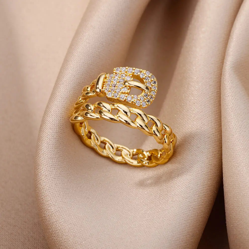 Belt Chain Rings for Women Men Gold Color Stainless Steel Ring Trend Luxury Korean Fashion Aesthetic Jewelry