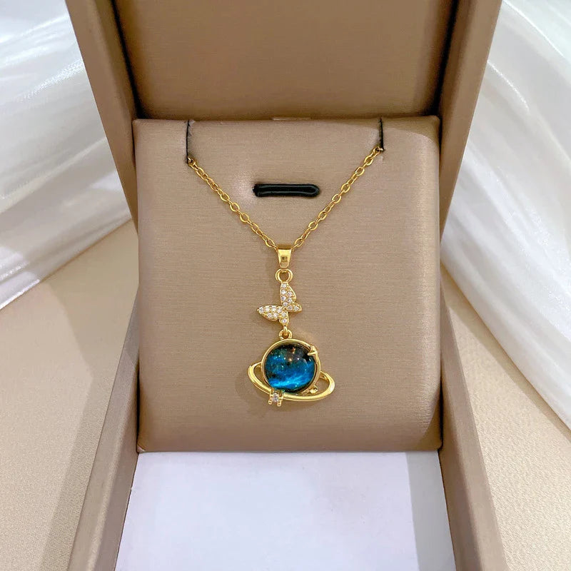 Stainless Steel Zircon Planet Star Pendant Necklace For Women Girl Elegant Aesthetic Clavicle Chain Necklace Jewelry Party Gift-Dollar Bargains Online Shopping Australia