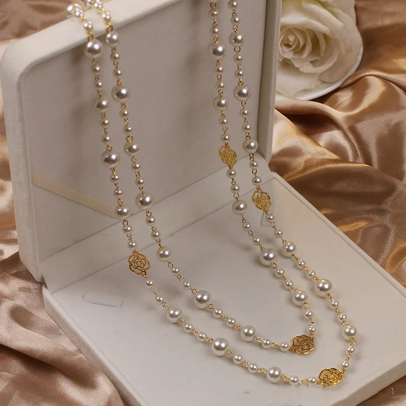Vintage Lady Camellia Pearls Flower Long Necklace Chain Elegant Double Layers Fashion Women Party