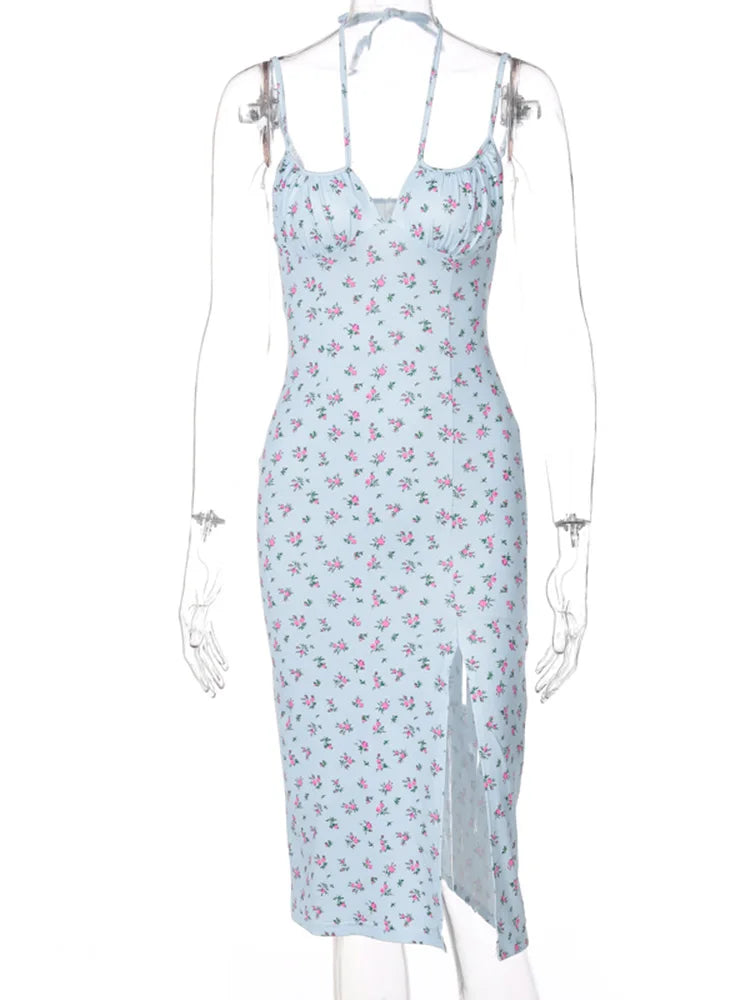 Sleeveless Satin Slip Floral Ruched Bandage Cut Out Maxi Dress Summer Women Fashion Sexy Party Club Robe-Dollar Bargains Online Shopping Australia