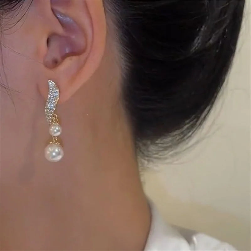 Double Pearl Dangle Earrings For Women Crystal Long Tassel Drop Earring Wedding Jewelry