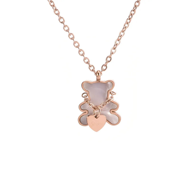 White Shell Cute Little Bear Peach Heart Stainless Steel Jewelry Set Necklace Earrings Bracelet or women-Dollar Bargains Online Shopping Australia