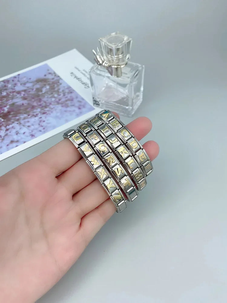 26 Gold Letters Italian Charm Links Fit 9mm Stainless Steel Bracelet Making DIY Jewelry