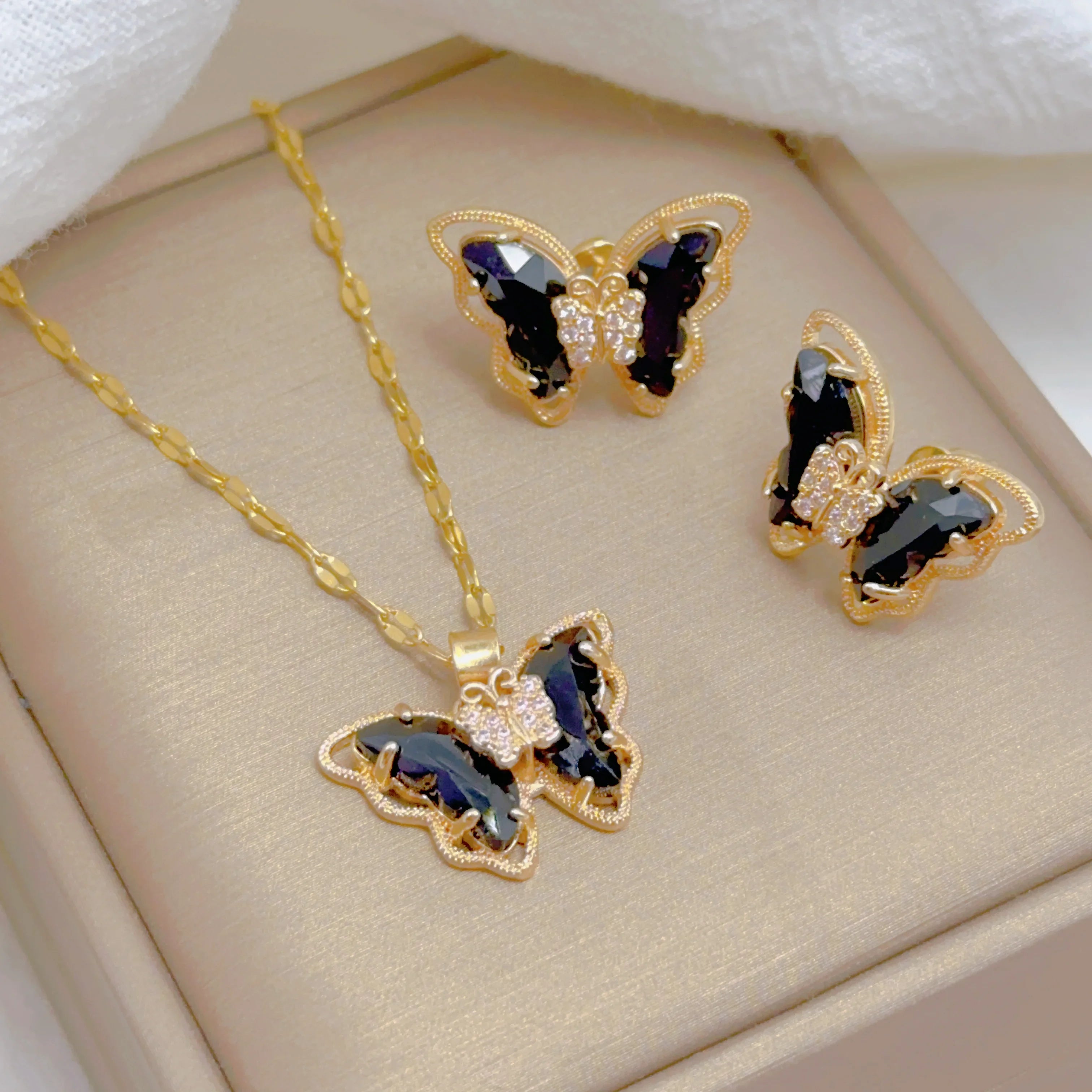 Micro-inlaid Butterfly Necklace Earrings Set Classic Light Luxury Transparent Stainless Steel-Dollar Bargains Online Shopping Australia