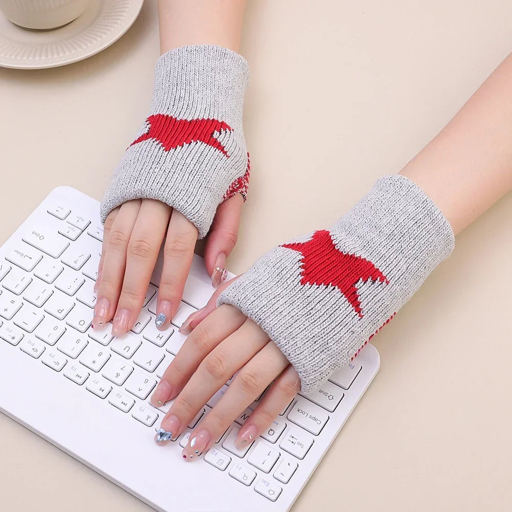 Winter Knitted Woolen Gloves Ins Fashion Y2K Men's Women's Half Finger Warm Five Pointed Star Fingerless Gloves Unisex-Dollar Bargains Online Shopping Australia