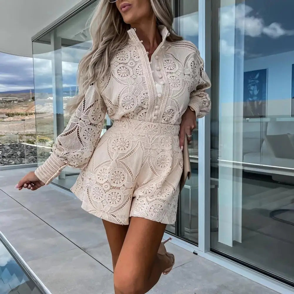 Foridol Vintage Single Breasted White Lace Women Shorts Sets Spring Long Sleeve Casual Party 2 Pcs Outfits Femme Suit Summer-Dollar Bargains Online Shopping Australia