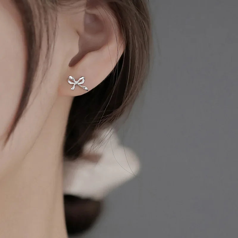 Silver Sweet Cute Bow Stud Earrings for Women Silver Color Simple Minimalist Ear Piercing Jewelry Gift