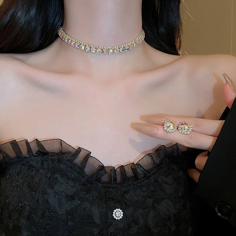 FYUAN Luxury Crystal Necklace Earrings Set Pink ABcolourful Necklace for Women Weddings Party Jewelry Sets Accessories-Dollar Bargains Online Shopping Australia
