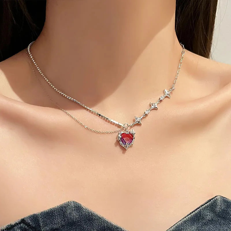 Black Heart Pendant Necklace Punk Shiny Rhinestone Star Asymmetric Chain Necklace for Women Neck Chain Y2K Jewelry-Dollar Bargains Online Shopping Australia