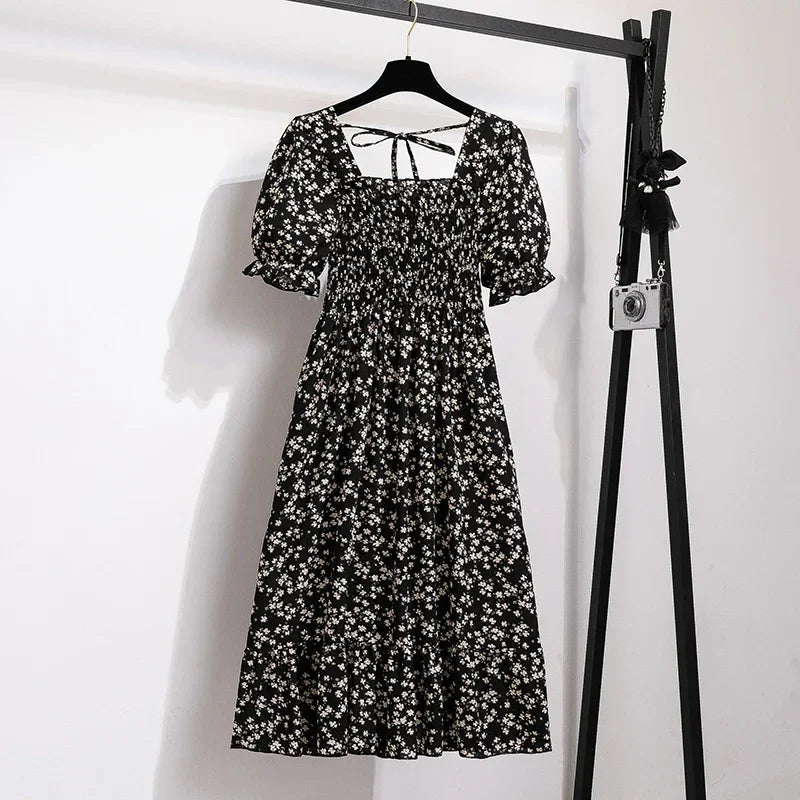 Chiffon Dresses Fashion Female Elastic Waist Short Sleeve Pleated Casual Dress Women A-line Dresses-Dollar Bargains Online Shopping Australia