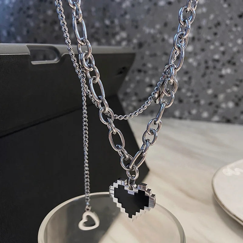 Harajaku Fashion Women Pendant Necklaces Double Link Chain Metal Black Heart Grunge Necklace Party Grunge Jewelry Gift