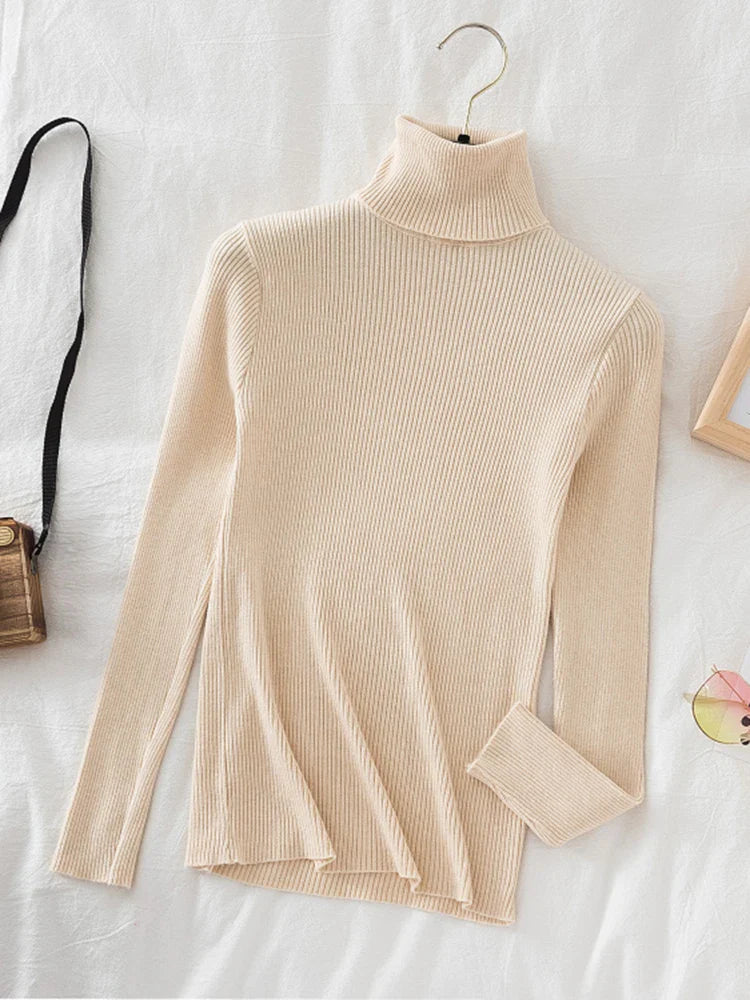 Korean Fashion Turtleneck Women Autumn Winter Pullover Sweater Basic Solid Casual Slim Stretch Ribbed Knitted Top Woman Sweaters-Dollar Bargains Online Shopping Australia