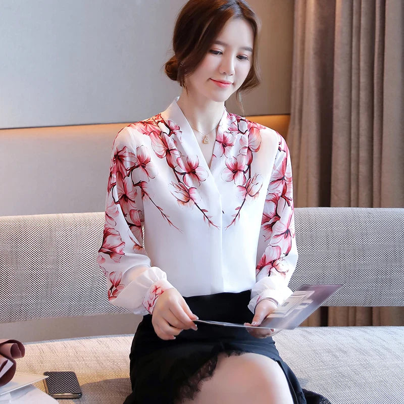 Blouses White Blouse Long Sleeve Blouse Women V-Neck Print Chiffon Shirt Women Tops-Dollar Bargains Online Shopping Australia
