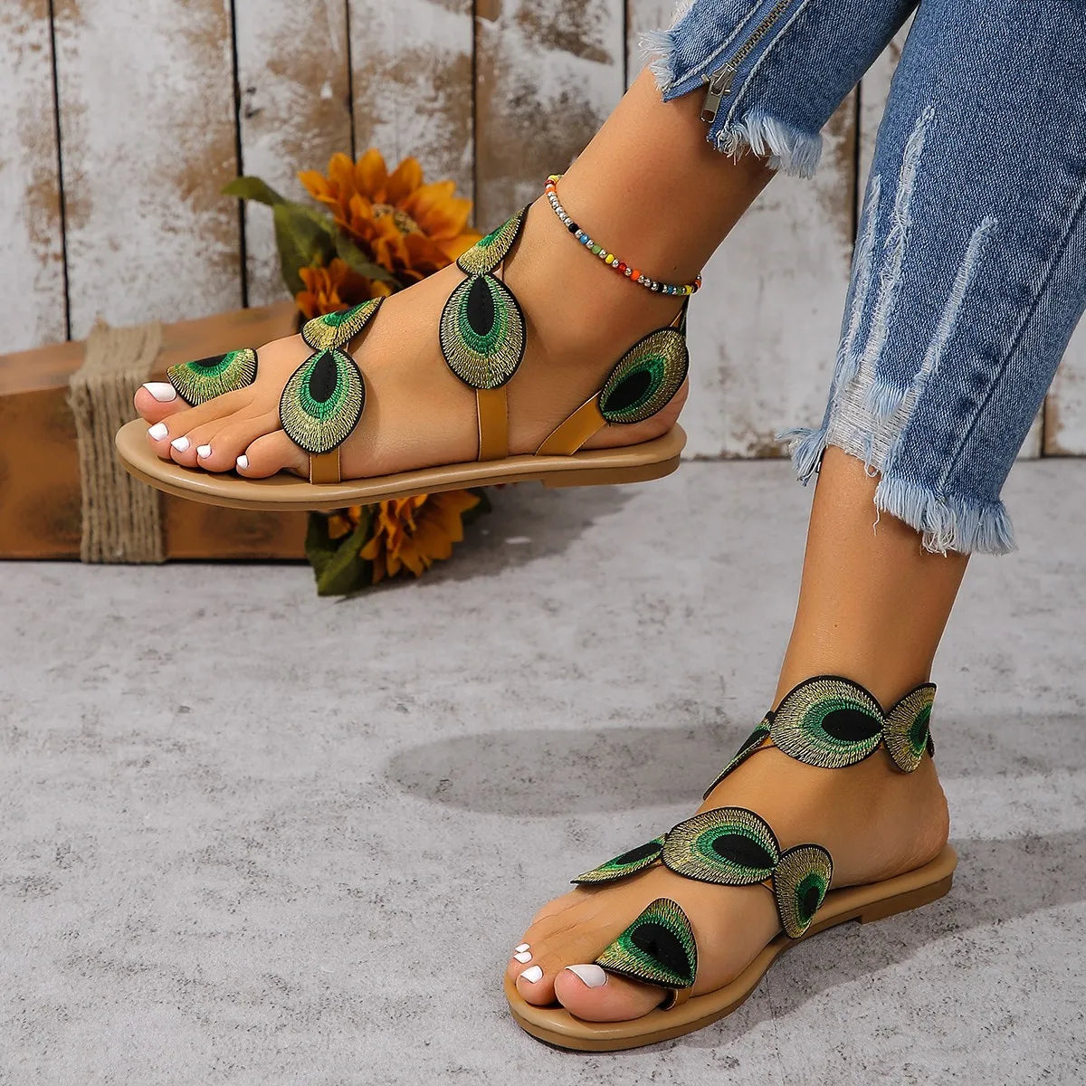 Embroidered Faux Flower Fashion Sandals Flat Plus Outdoor Beach Shoes Travel