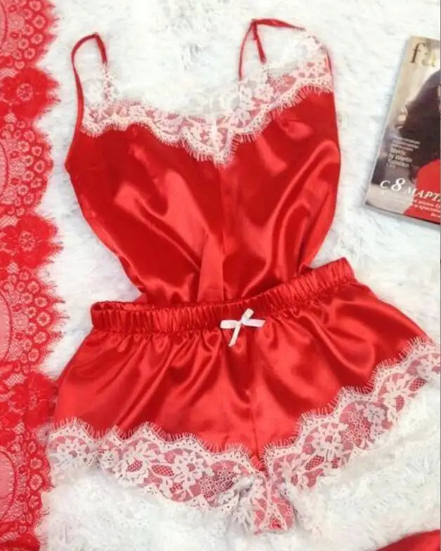 Women Bow Sleepwear Sleeveless Strap Nightwear Lace Trim Satin Cami Top Pajama Sets lingerie pyjamas women-Dollar Bargains Online Shopping Australia