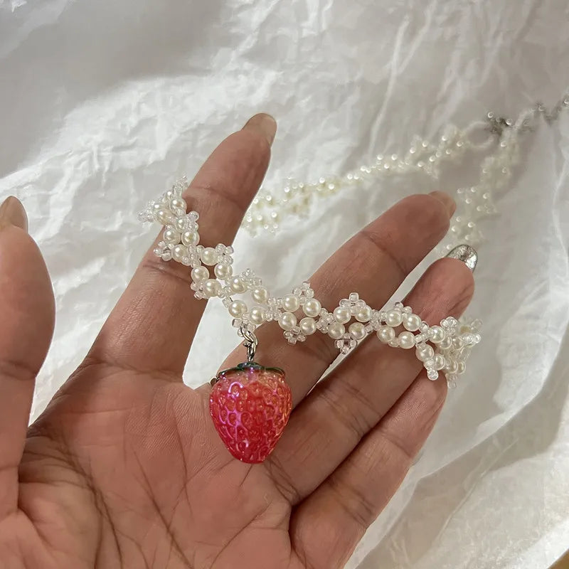 Handmade love necklace sweet romantic pearl strawberry pendant necklace lovely necklace cute necklace necklace for women y2k