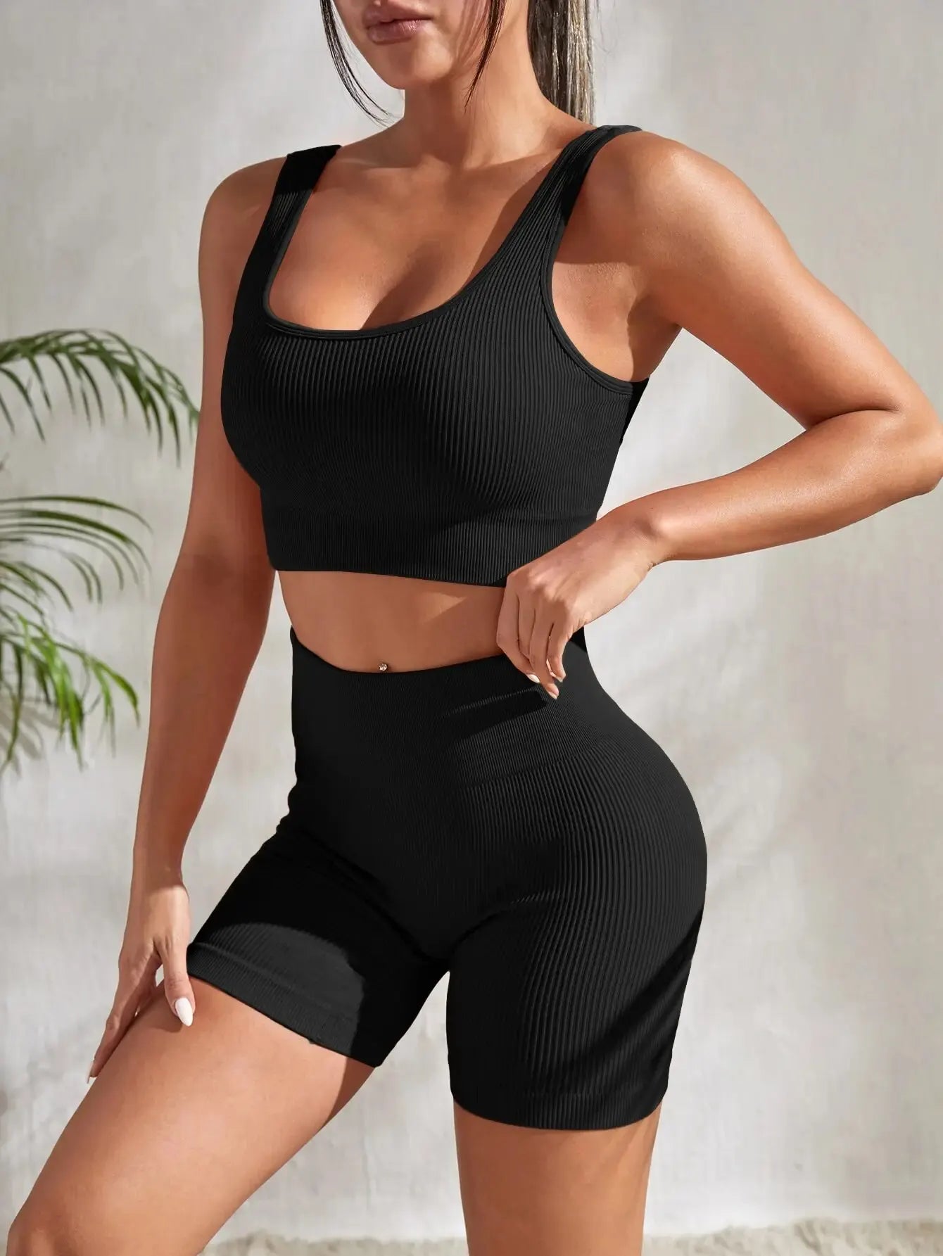Women's 2-Piece Workout Set - Ribbed Yoga Leggings With Padded Sports Bra Crop Top