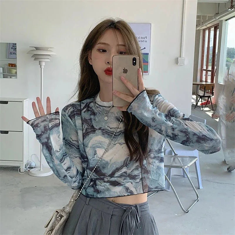 Long Sleeve T-shirts Women Tie-dye Printed Summer Sun-proof Cropped Tops Fashion High Street Gauze Korean Style Chic Teens Retro