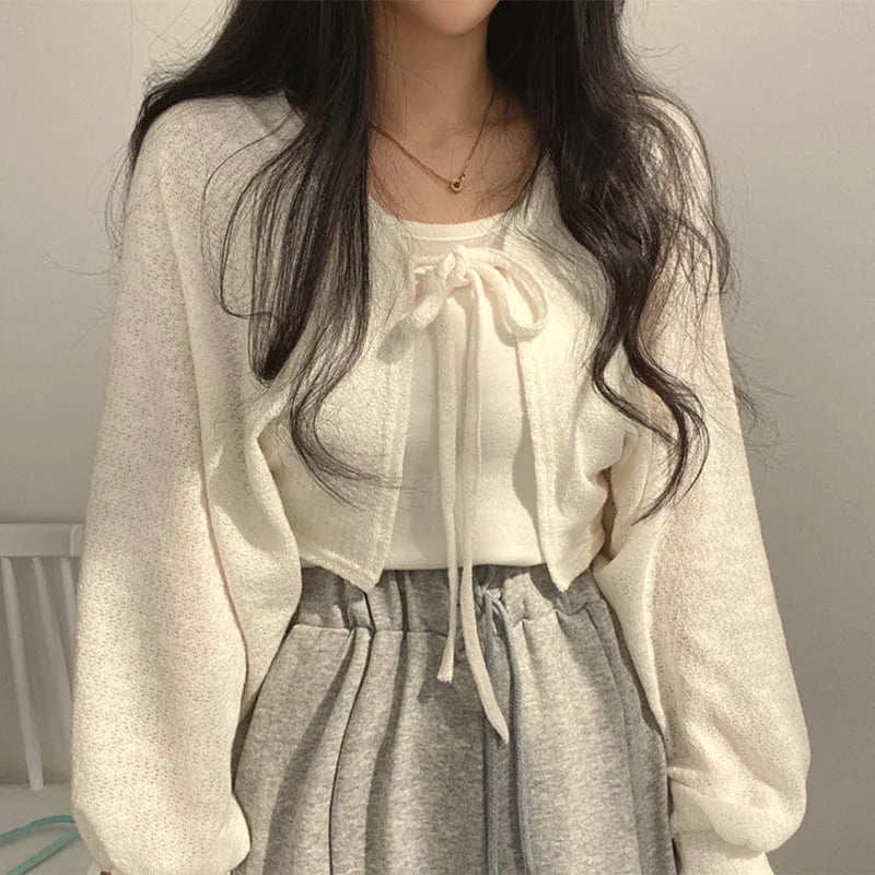 White Knitted Cardigan Women Summer Thin Sunscreen Lace-Up Knitwear Tops Female Lantern Sleeve Short Coat-Dollar Bargains Online Shopping Australia