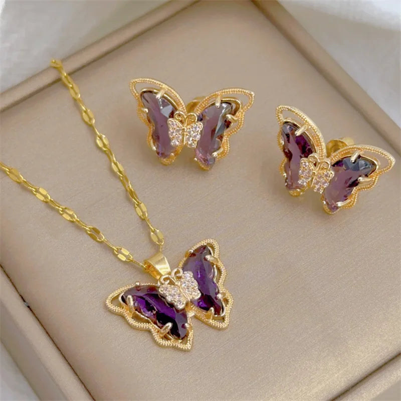 Micro-inlaid Butterfly Necklace Earrings Set Classic Light Luxury Transparent Stainless Steel-Dollar Bargains Online Shopping Australia