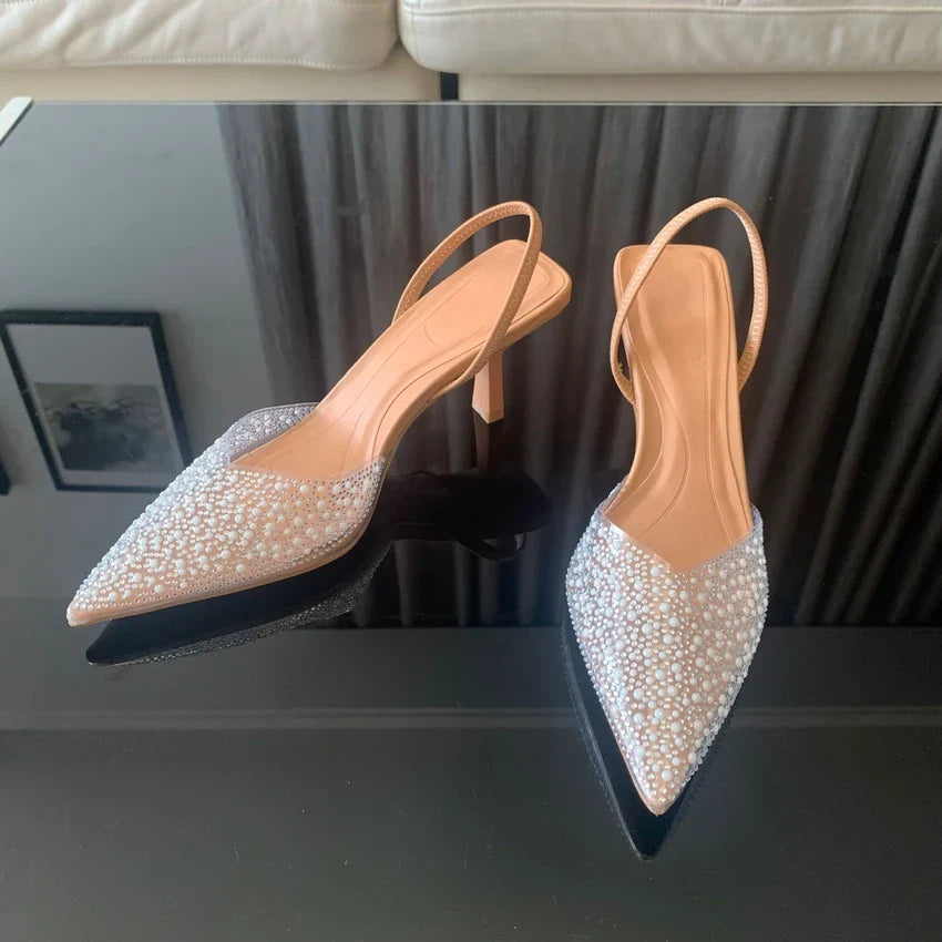 Slingback Artificial Pearl Decorated Women Pumps Wedding Shoes Sexy High heels Sandals Elegant Summer Party Bridal Shoes Woman-Dollar Bargains Online Shopping Australia