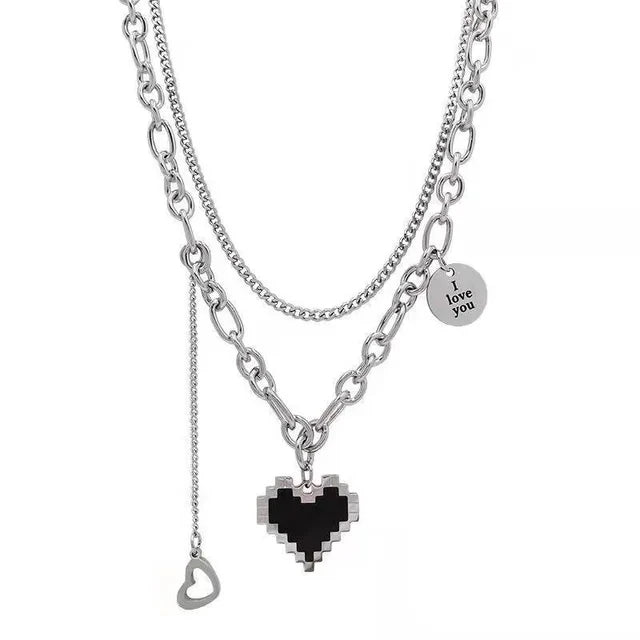 Harajaku Fashion Women Pendant Necklaces Double Link Chain Metal Black Heart Grunge Necklace Party Grunge Jewelry Gift