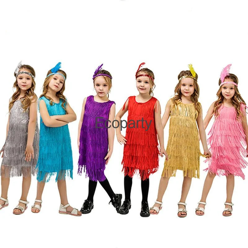 Girls 1920s Flapper Dress Kids Latin Dance Costumes Solid O-Neck Sleeveless Tassel Dress Headwear Set Halloween Party Costume