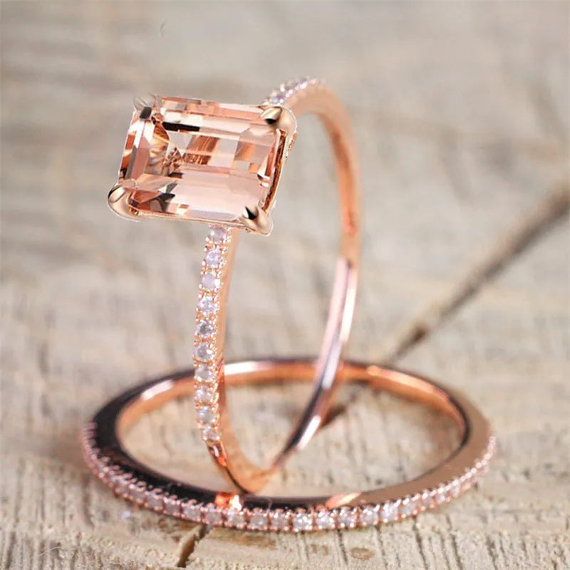 Elegant Luxury Rose Gold Colors Rings for Women Trendy Metal Inlaid Champagne Stone Wedding Ring Set Engagement Jewelry-Dollar Bargains Online Shopping Australia