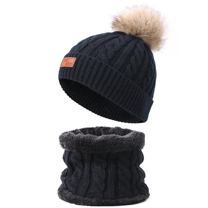 Warm Winter Baby Hats with Scarves for Kids Wool Pompom Baby Hat Children Bonnet Cap Boys Girls Knitted Scarf Gloves Beanie Caps-Dollar Bargains Online Shopping Australia