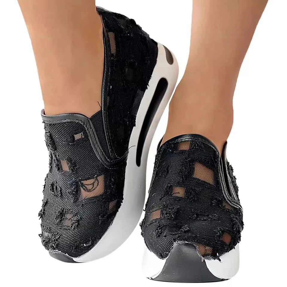 Women's Sneakers Floral Embroidery Mesh Sneakers for Women Slip on Casual Comfy Heeled Shoes Woman
