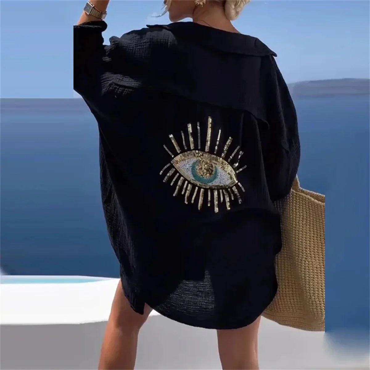 Women Casual Sequin Eye Shirt Dress Summer Fashion Beach Style Loose Button Sun Protection Cotton Linen Shirt Geometric Eye Tops-Dollar Bargains Online Shopping Australia