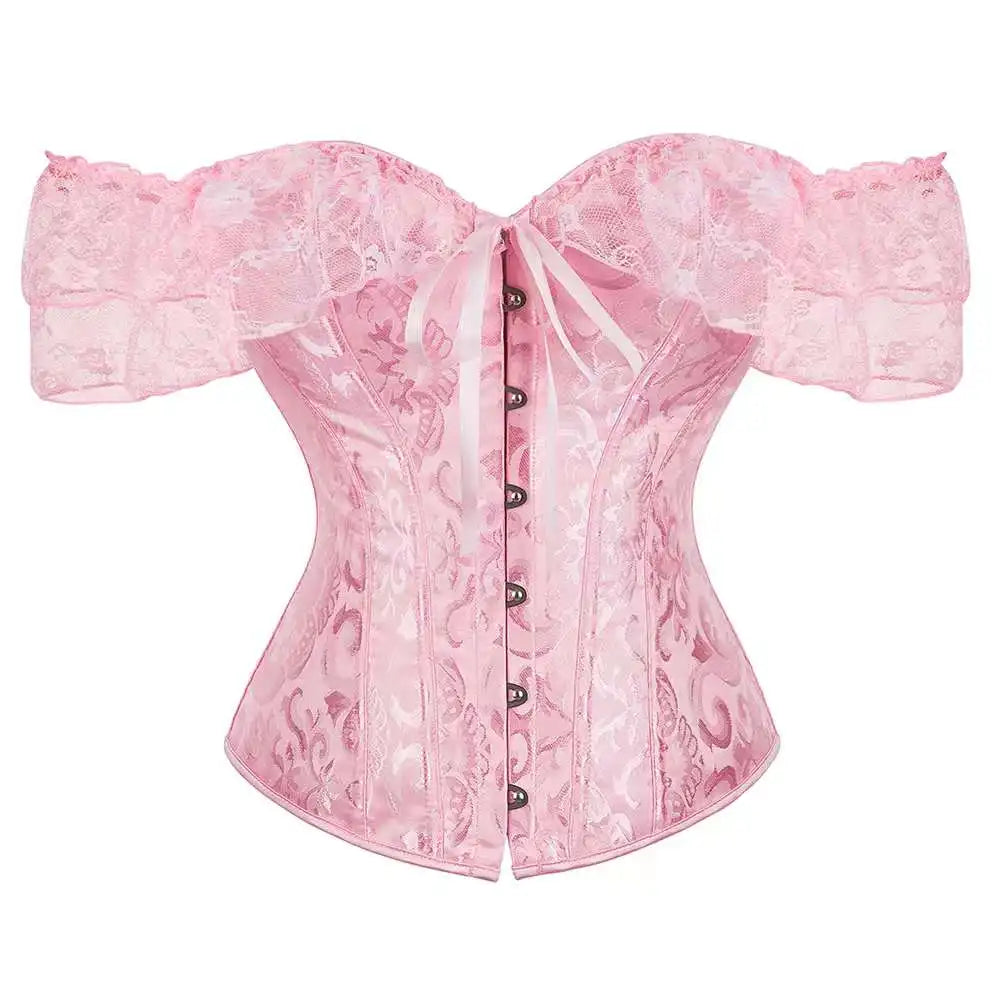 Lace Short Sleeves Overbust Corset Red Black White Beige Green Corselet Steampunk Waist Bustier Top Gorset-Dollar Bargains Online Shopping Australia