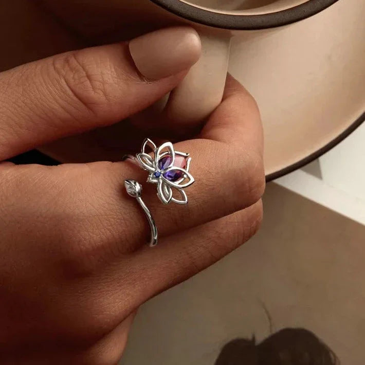 Sterling Silver Bi Color Lotus Flower Ring For Women Drop Purple pink Crystal Opening Rings Wedding Party Jewelry Gift