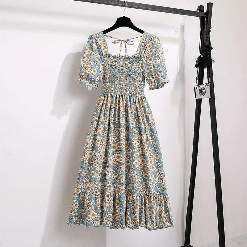 Chiffon Dresses Fashion Female Elastic Waist Short Sleeve Pleated Casual Dress Women A-line Dresses-Dollar Bargains Online Shopping Australia