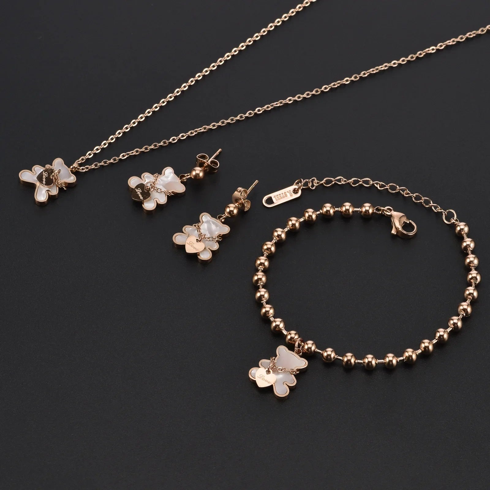 White Shell Cute Little Bear Peach Heart Stainless Steel Jewelry Set Necklace Earrings Bracelet or women-Dollar Bargains Online Shopping Australia