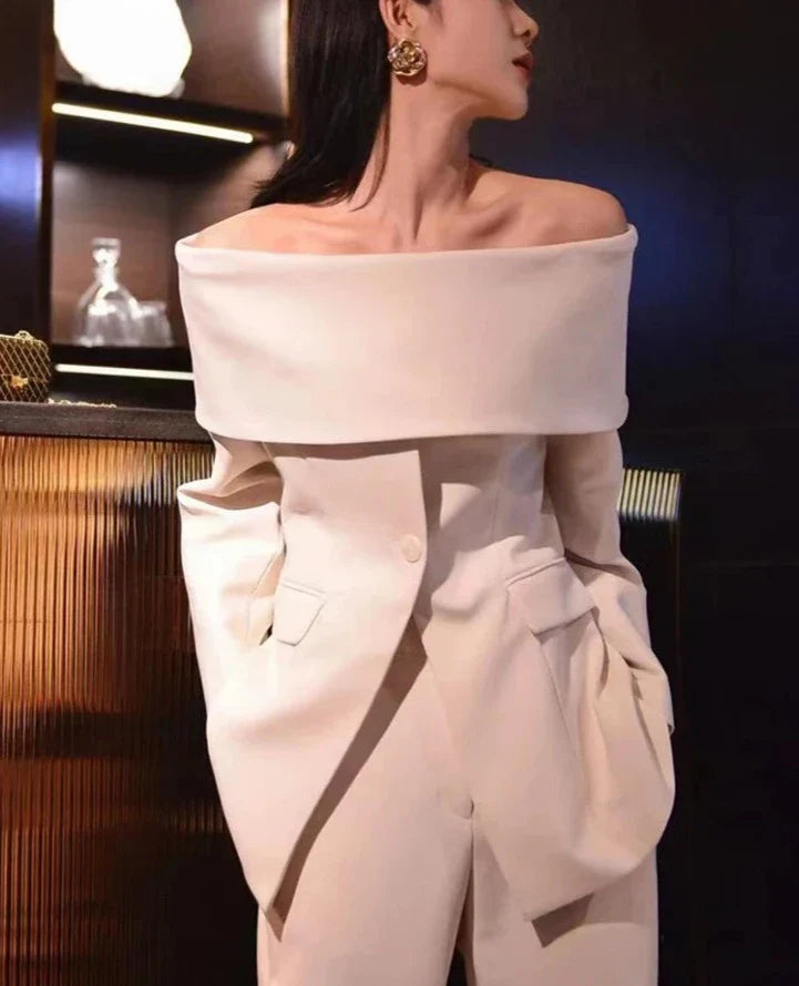 Slash Neck Chic Blazers Women Off Shoulder Long Sleeve Patchwork Single Button Solid Coat-Dollar Bargains Online Shopping Australia