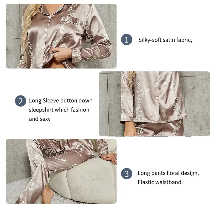 Long Sleeve Sleepwear Women Button Down Nightwear Pj Sets Print Shirt with Trouser Loungewear Female Pyjamas Suits